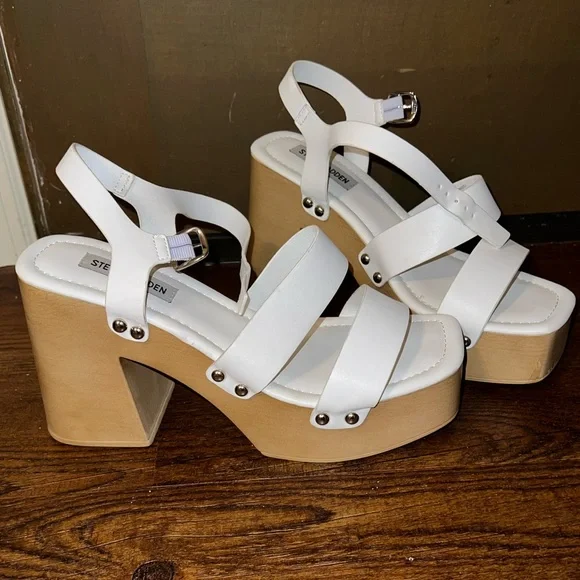 Steve Madden Gladiator White Strap Tan Platform Clog Heel Sandals Size 10 - Picture 4 of 14